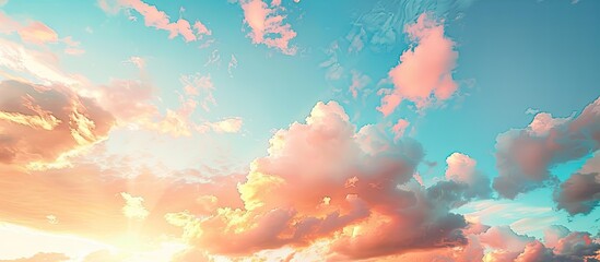 Sticker - A picturesque sunset cloudscape in a clear blue sky featuring glowing pink and golden clouds post-storm, evoking concepts of hope, peace, and the beauty of nature, suitable for graphic design with