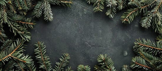 Wall Mural - A festive arrangement featuring fir branches, arranged flat with a top view, leaving room for additional images or text - also known as a copy space image.