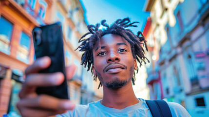 Wall Mural - A man with dreadlocks takes a selfie photo with his smartphone while walking down a city street