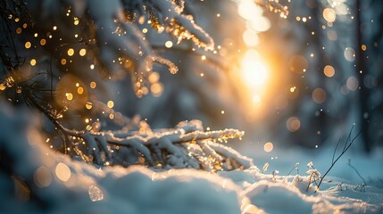 Wall Mural - Snowy forest with warm and bright golden sunlight shining through the trees. The sunlight creates a beautiful sparkling effect on the snow