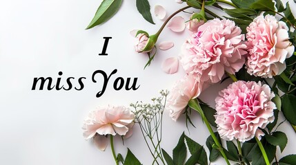 black color word I miss You with a pivoine old pink at ornamental font on white background