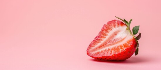 Poster - A halved strawberry showcased with copy space on a pink background, emphasizing fruit freshness and vibrant hues.