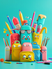 Wall Mural - 3D illustration of a back-to-school banner with colorful funny highlighter characters, pencil cases, and ample space for text.