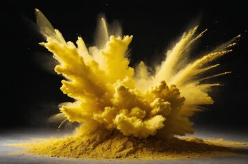 Sticker - Large yellow powder cloud explodes on black background creating dramatic and colorful display