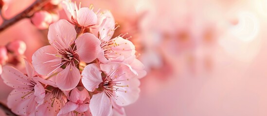 Aufkleber - Beautiful delicate pink cherry blossoms in spring with a pink background and space for a greeting message on a notepad; represents spring and Mother's Day. image with copy space