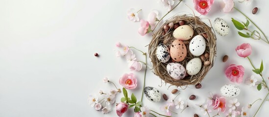 Poster - Flat lay Easter concept featuring a colorful food pattern with eggs, pink flowers, a wicker basket holding Easter eggs, and quail eggs in a nest on a white background in a Provence style arrangement