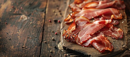 Aufkleber - Bacon slice on a rustic table as a food background with copy space image, suitable for eating or cooking as an appetizer or meal.