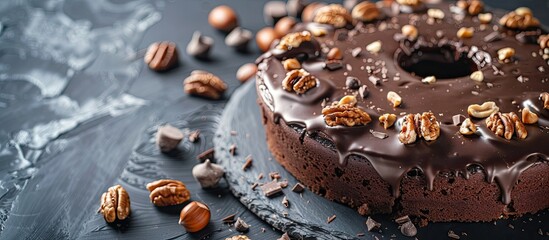 Poster - Close-up of a delicious homemade chocolate cake with nuts on a black table, providing ample copy space image.