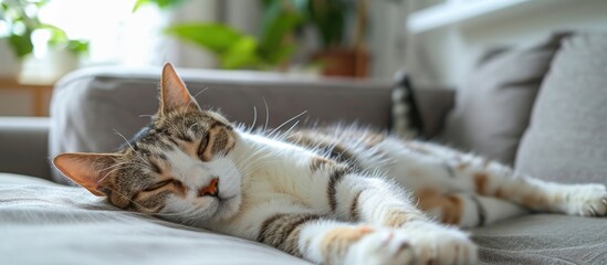 Poster - Adorable cat lounging with cozy vibe in a room, with a comfortable setting, suitable for a copy space image.