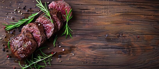 Poster - Beef tenderloin with seasoning on a wooden backdrop, offering copy space image for text.