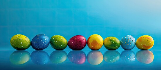 Poster - Colorful Easter eggs with reflections on a blue backdrop create a mystical Easter theme, offering ample copy space for additional elements.