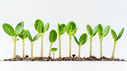 Detailed view of young sunflower sprouts in early growth stage, isolated on a pure white backdrop