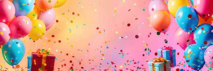 Poster - Bright, festive balloons and colorful confetti fill the air, creating a celebratory backdrop for a birthday party. Generative AI