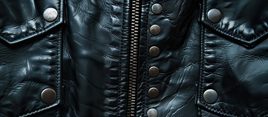 Poster - Close-up of black jacket rivets in leather texture background with copy space image.