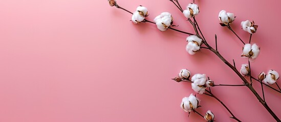 Poster - Close-up view of a lovely cotton branch with fluffy flowers against a pink backdrop, ideal for adding text with copy space image.