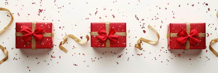 Wall Mural - Red gift boxes with golden ribbon and confetti on white background. Christmas, Birthday, New Year, celebration, present, holiday, special occasion.