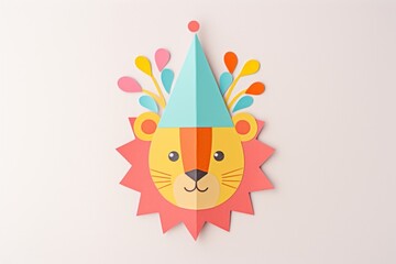 Wall Mural - Lion wearing party hat craft paper representation.