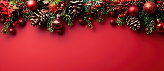 Poster - Christmas decorations and notes arranged on a red background to create a festive scene with copy space image.