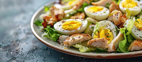 Close-up of a Caesar salad with chicken and eggs on a plate with copy space image.
