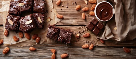 Poster - Close-up image featuring homemade dark chocolate brownies adorned with almond slices and chocolate sauce on a wooden table, with a focus on the subject and extra space for text or design elements