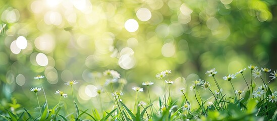Poster - Blurred bokeh background with spring garden plants, offering copy space image.