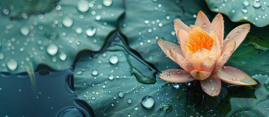 Aufkleber - Copy space image of a lotus flower with water droplets on a leaf in the background.