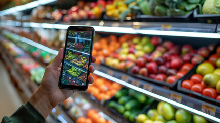 woman in the supermarket with an online shopping list application on a mobile phone