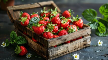 Wall Mural - Freshly Harvested Strawberries in Rustic Wooden Crate with Leaves and Flowers