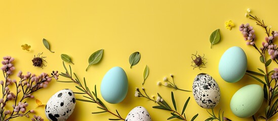 Aufkleber - Flat lay Easter background featuring assorted eggs on a yellow backdrop adorned with botanical details; top-down perspective showcasing a copy space image.