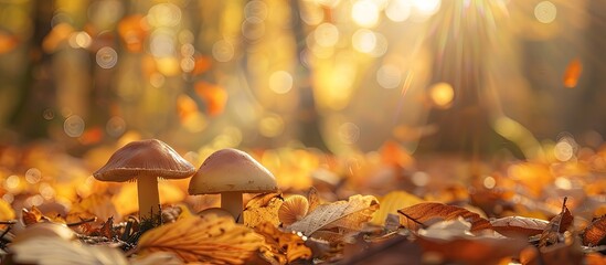 Aufkleber - During autumn, a few mushrooms grow in a forest clearing with ample copy space image.
