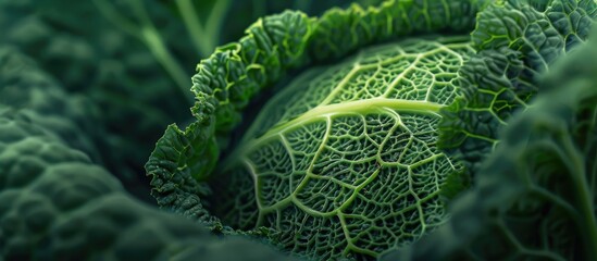 Poster - Close-up shot of a crinkled green savoy cabbage leaf, ideal as a food background with selected focus on a textured copy space image.