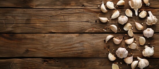 Poster - Close-up of fresh garlic cloves on a wooden backdrop with copy space image.
