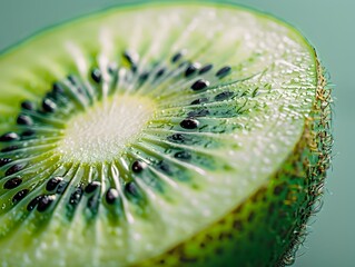 Sticker - Vibrant Kiwi Fruit Slice with Black Seeds Against Plain Background