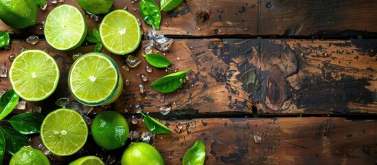 Poster - Detox diet with lime slices and lime juice on wooden table for copy space image.