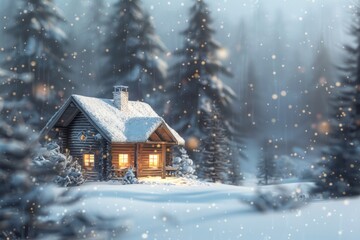 Wall Mural - A cozy snow-covered cabin, with a softly blurred background of pine trees and a snowy landscape. 