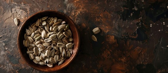 Poster - Close-up copy space image of sunflower seeds in a bowl against a dark backdrop.