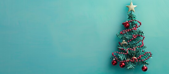 Poster - Charming Christmas tree ornament on a blue backdrop with available copy space image.