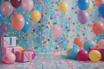 Poster - A cheerful birthday party scene with bright balloons, confetti, and presents. Perfect for childrens stores, event planning agencies, and photo studios. Generative AI