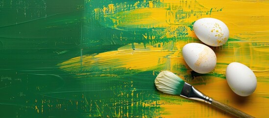 Poster - Close-up view of a paint brush with eggs on an abstract yellow and green background with copy space image.