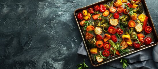 Poster - Baked vegetables are versatile, ideal as a main dish or a side for meat or fish dishes, always a success. Perfect for copy space images.