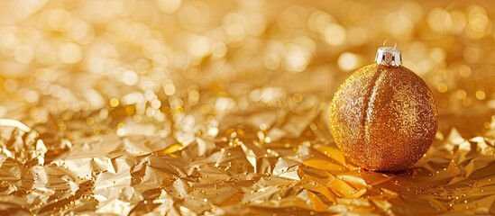 Poster - Christmas golden bauble and gift on a festive gold paper backdrop, close-up with room for text or graphics in the image. image with copy space