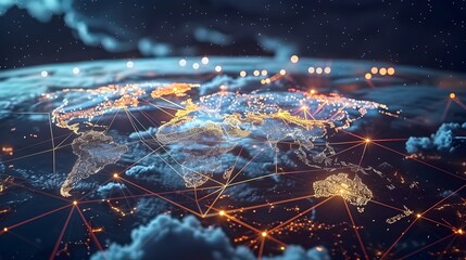 Poster - Global Cloud Network with Interconnected World Map and Data Streams