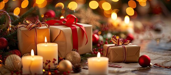 Poster - Festive gift boxes with candles on a background perfect for adding text on copy space image.