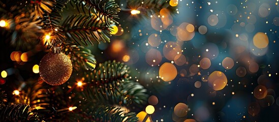 Poster - Blurred bokeh lights from a Christmas tree on a dark background create an abstract festive backdrop with ample copy space image for text.