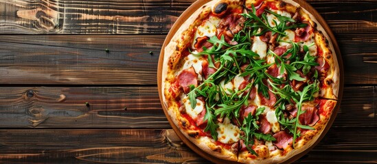 Wall Mural - Flat lay on a wooden table featuring a delicious pizza topped with meat and arugula, providing copy space image.