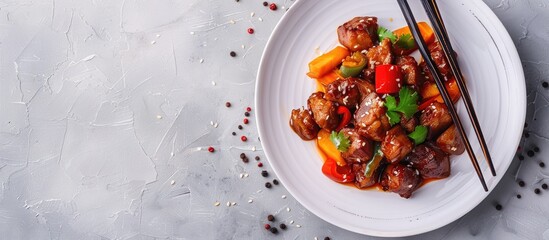 Poster - Asian cuisine background featuring fried meat, vegetables, and spices on a white plate with chopsticks in a copy space image. Fresh homemade hot food without people.