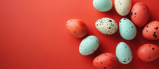 Aufkleber - Colorful Easter eggs on a red background, perfect for Easter-themed designs. Ideal for posters, cards, or as a copy space image in flat lay style.