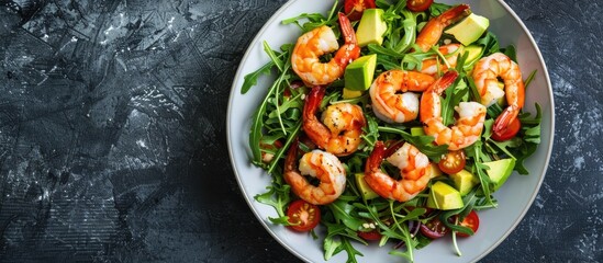 Poster - Blue's shrimp salad, featuring arugula, avocado, and a stylish presentation with copy space image.