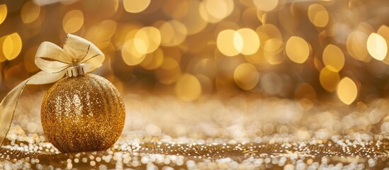 Poster - Christmas golden bauble and gift on a festive gold paper backdrop, close-up with room for text or graphics in the image. image with copy space