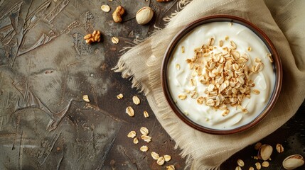 Overhead view of yogurt sprinkled with oats and dried nuts, on a textured brown surface